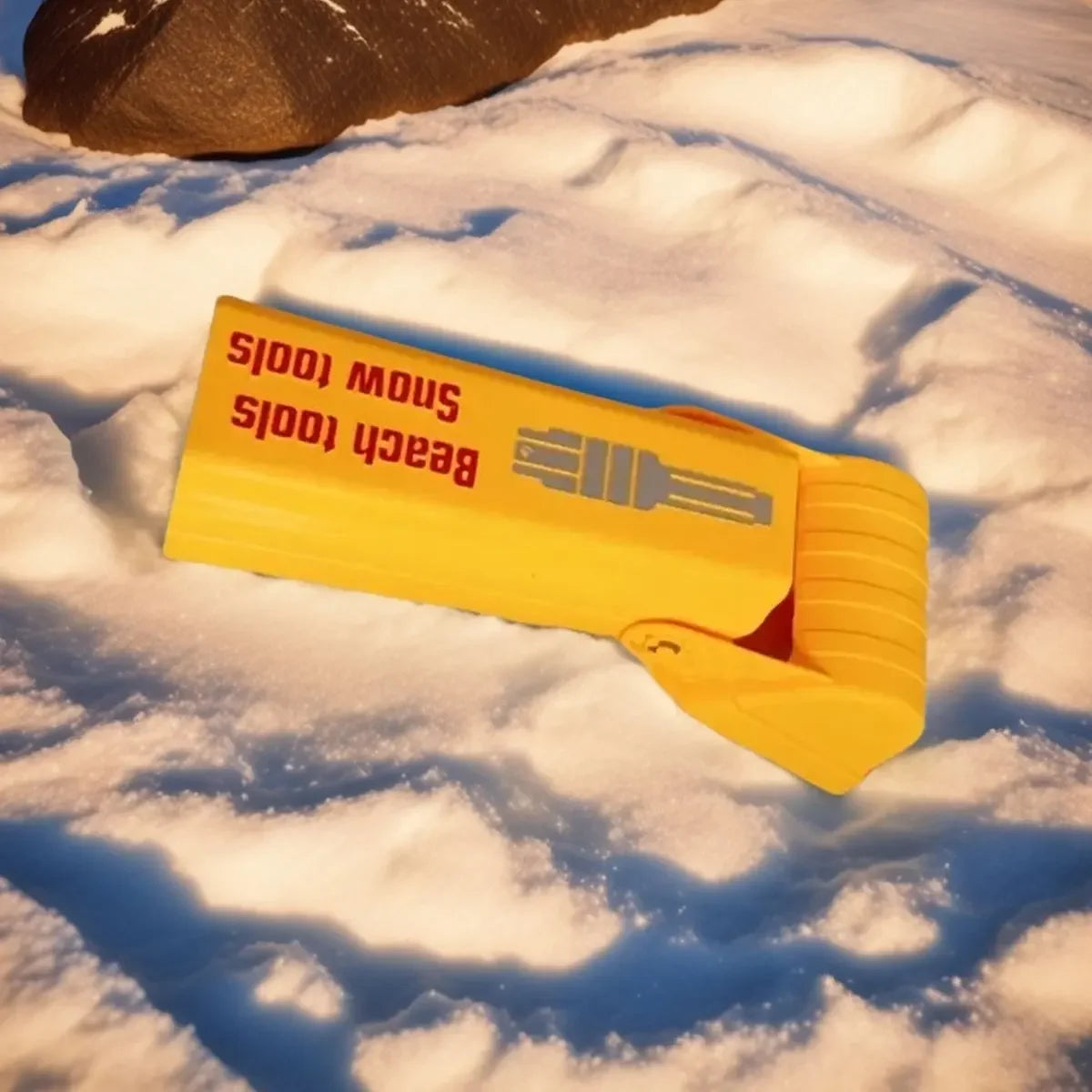 A yellow plastic beach tool excavator toy lying on a snowy surface.