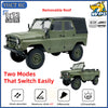 A green 1:12 scale RC rock crawler truck with a removable roof and various features like shock absorbers and LED headlights.