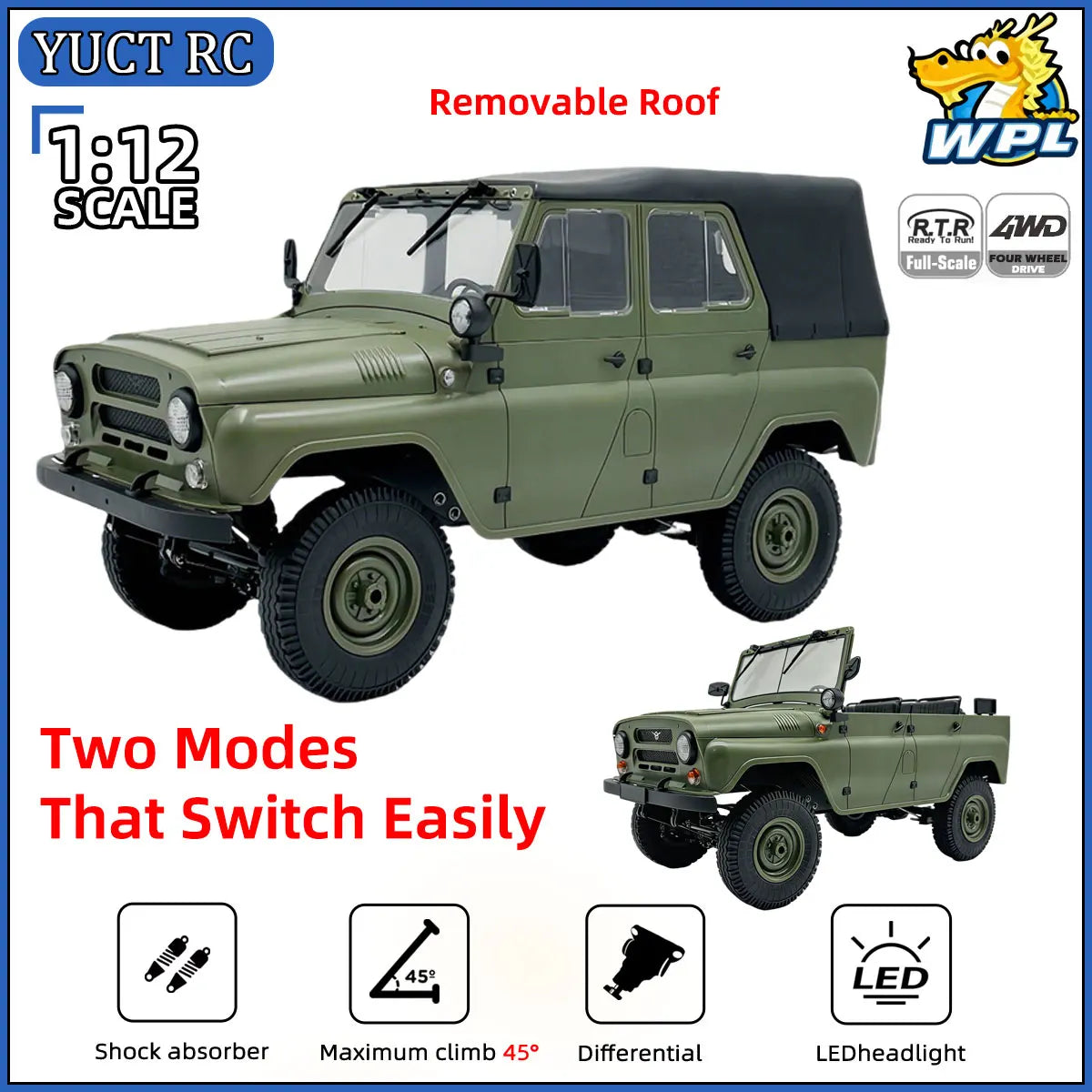 A green 1:12 scale RC rock crawler truck with a removable roof and various features like shock absorbers and LED headlights.