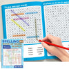 A large print word search book for kids showing puzzles and spelling words on the pages
