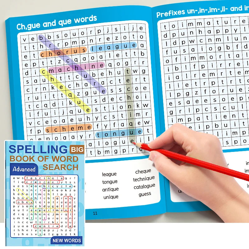 A large print word search book for kids showing puzzles and spelling words on the pages