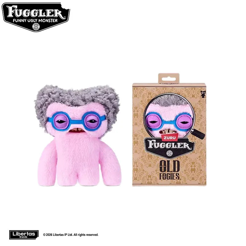A pink plush toy of a monster with purple eyes and gray hair, packaged in a brown box.