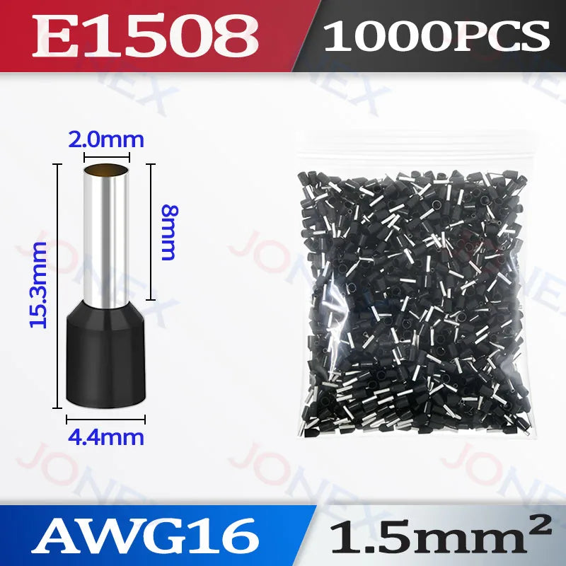 A package of AWG16 insulated tubular crimp terminals with a 2.0mm length and 4.4mm diameter.