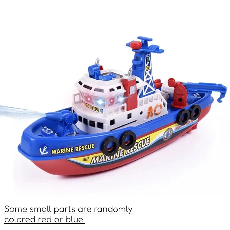 A blue and red electric marine rescue boat toy with lights, music, and water spraying features.