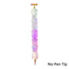 A long, clear glass pen with an interchangeable resin tip, featuring iridescent purple and pink colors.