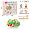 A wooden salad play toy set featuring various pretend food items like fruits and vegetables and dipping sauces