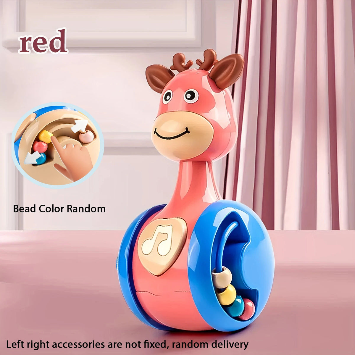 A pink and blue sliding rattle toy shaped like a fawn, with beads inside, displayed on a surface.