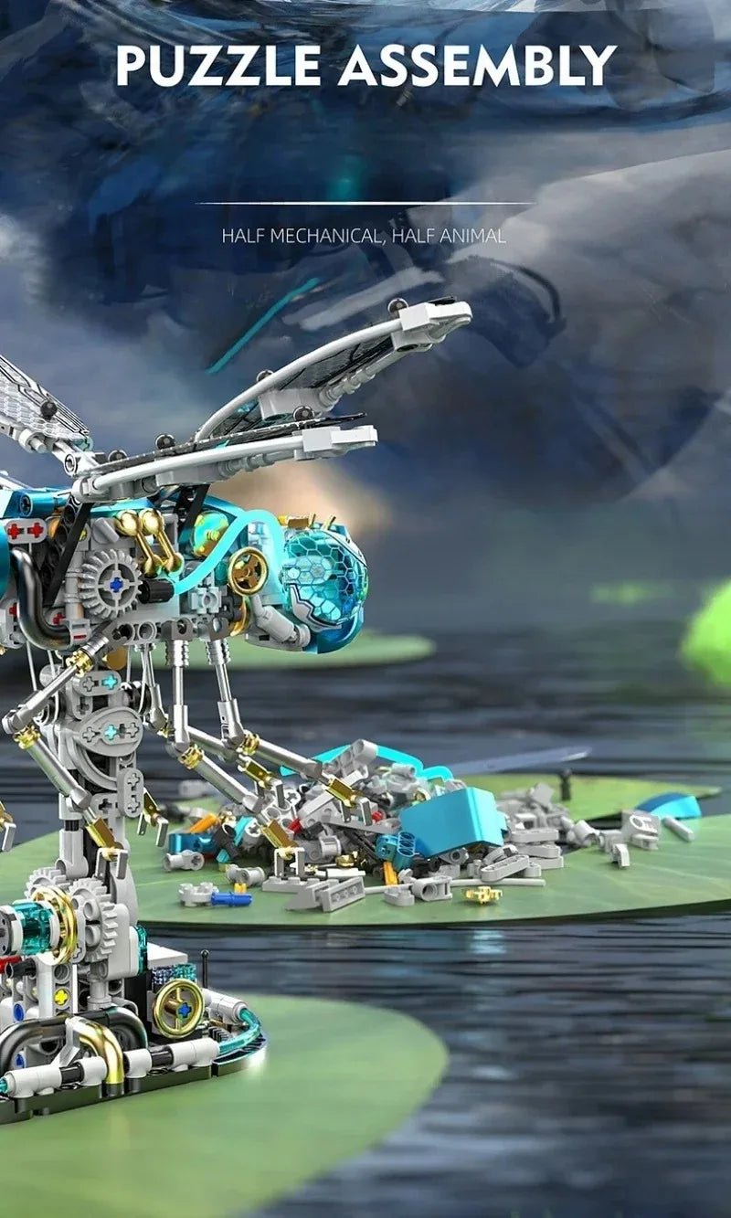 A detailed puzzle assembly of a half mechanical, half animal creature model built from various parts.