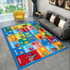 A colorful ABC alphabet cartoon rug featuring letters and animals for a playroom or nursery.