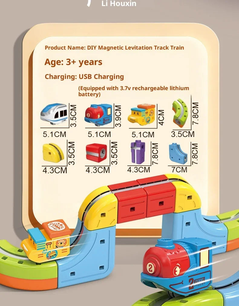 A DIY magnetic levitation train track set featuring various colored train cars and tracks.