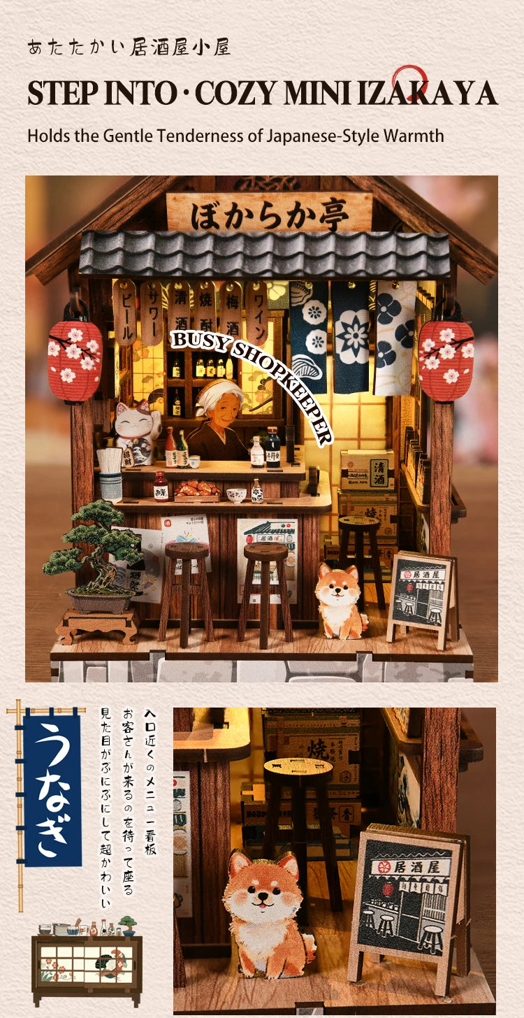 A miniature Japanese izakaya dollhouse kit featuring wooden furniture, decorative items, and a small fox figure.