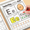 A close-up of a handwriting activity sheet showing tracing and writing practice for the letter E and ee.
