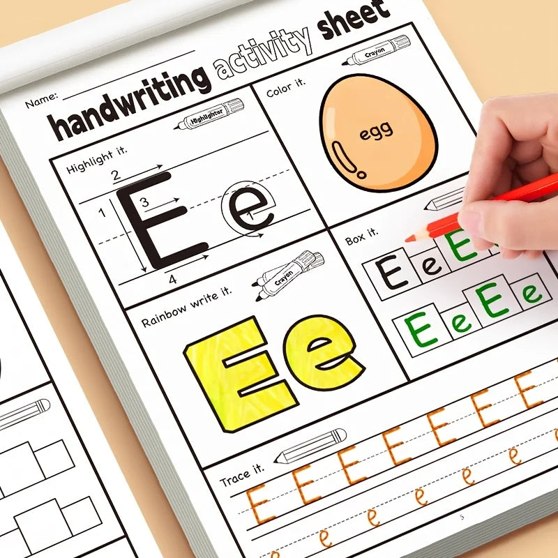 A close-up of a handwriting activity sheet showing tracing and writing practice for the letter E and ee.
