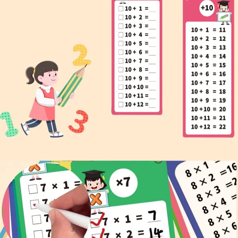 A hand is shown writing math problems on flash cards, including addition and multiplication examples.