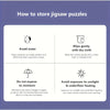 Instructions on how to store jigsaw puzzles, including avoiding water, moisture, and sunlight.