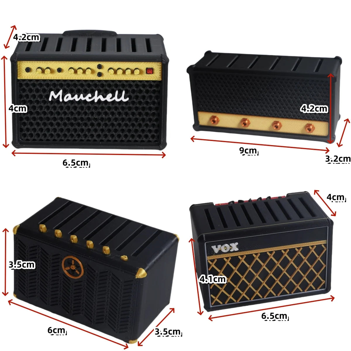 Three different black guitar pick holders with various dimensions and designs.