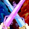 A glowing pink and blue lightsaber blade crossed in an X shape with electric purple effects against a dark, fiery background.