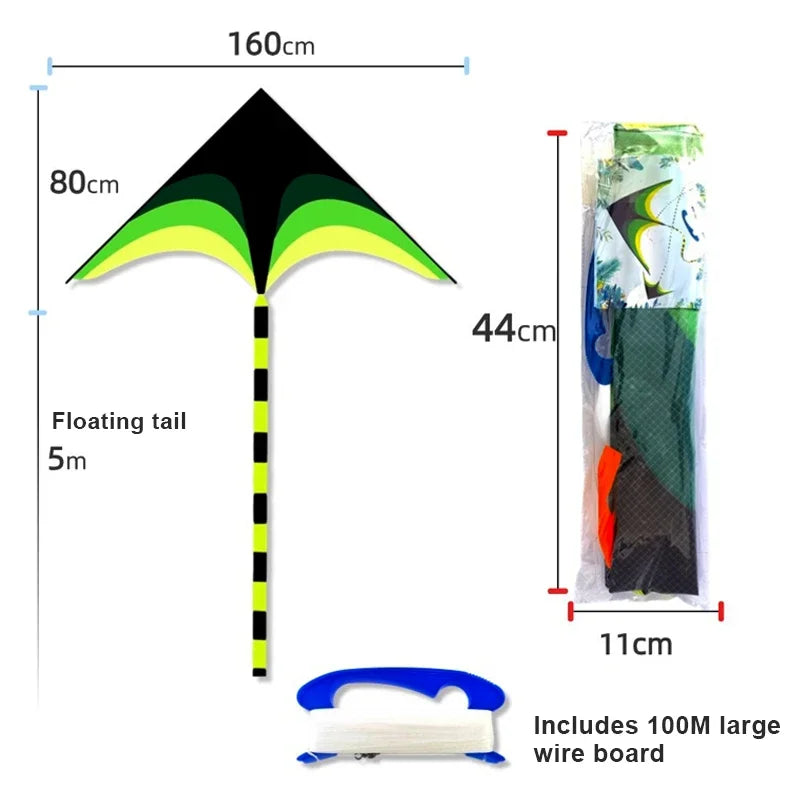 Diagram showing the dimensions of a large delta kite, including wingspan, height, and tail length.