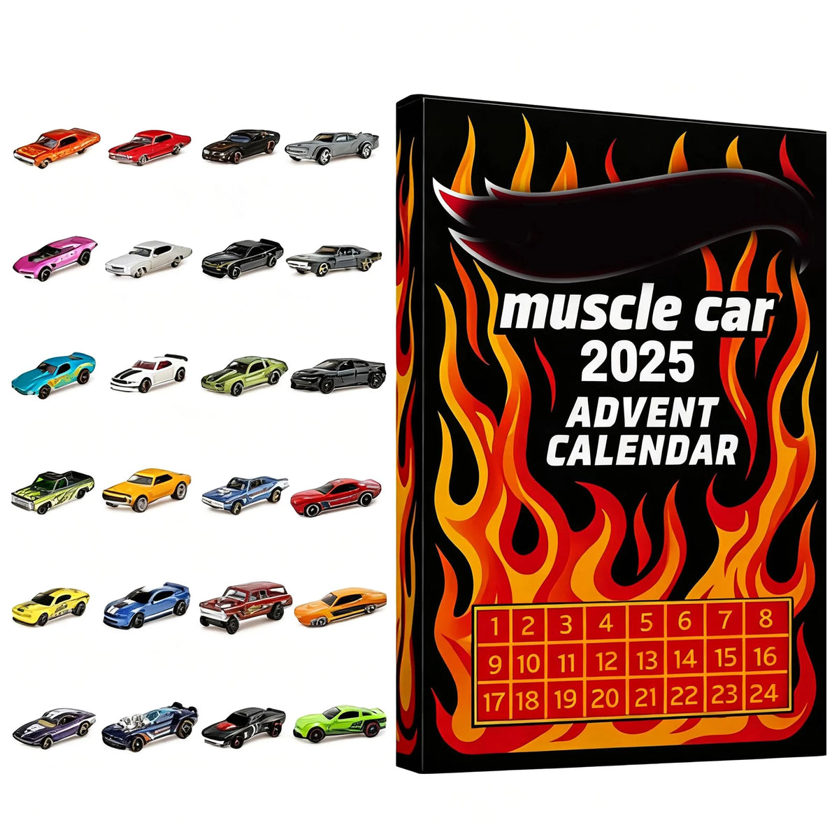 A box for a muscle car 2025 advent calendar featuring various toy vehicles.