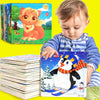 A toddler is looking at a jigsaw puzzle featuring a fox character on a green background.