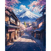 A scenic view of a Japanese town with pink cherry blossoms leading toward Mount Fuji.
