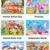 A set of multi-style wooden tangram puzzles featuring animals, princesses, and various scenes for children.
