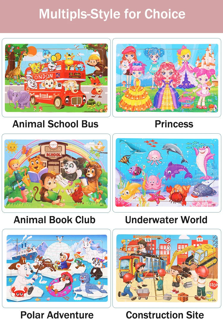 A set of multi-style wooden tangram puzzles featuring animals, princesses, and various scenes for children.