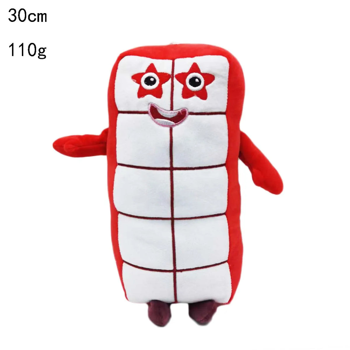 Poupée en peluche rouge et blanche ressemblant à une créature segmentée avec des yeux en étoile.
