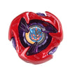 A red metal spinning top featuring a purple and blue dragon face design.