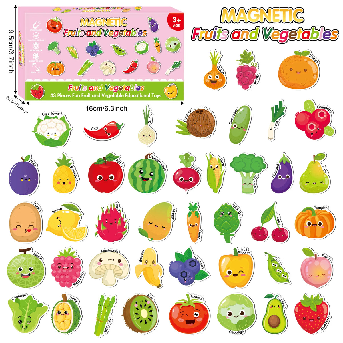 A collection of 43 magnetic fruits and vegetables for toddlers including apples, carrots, berries, and more.