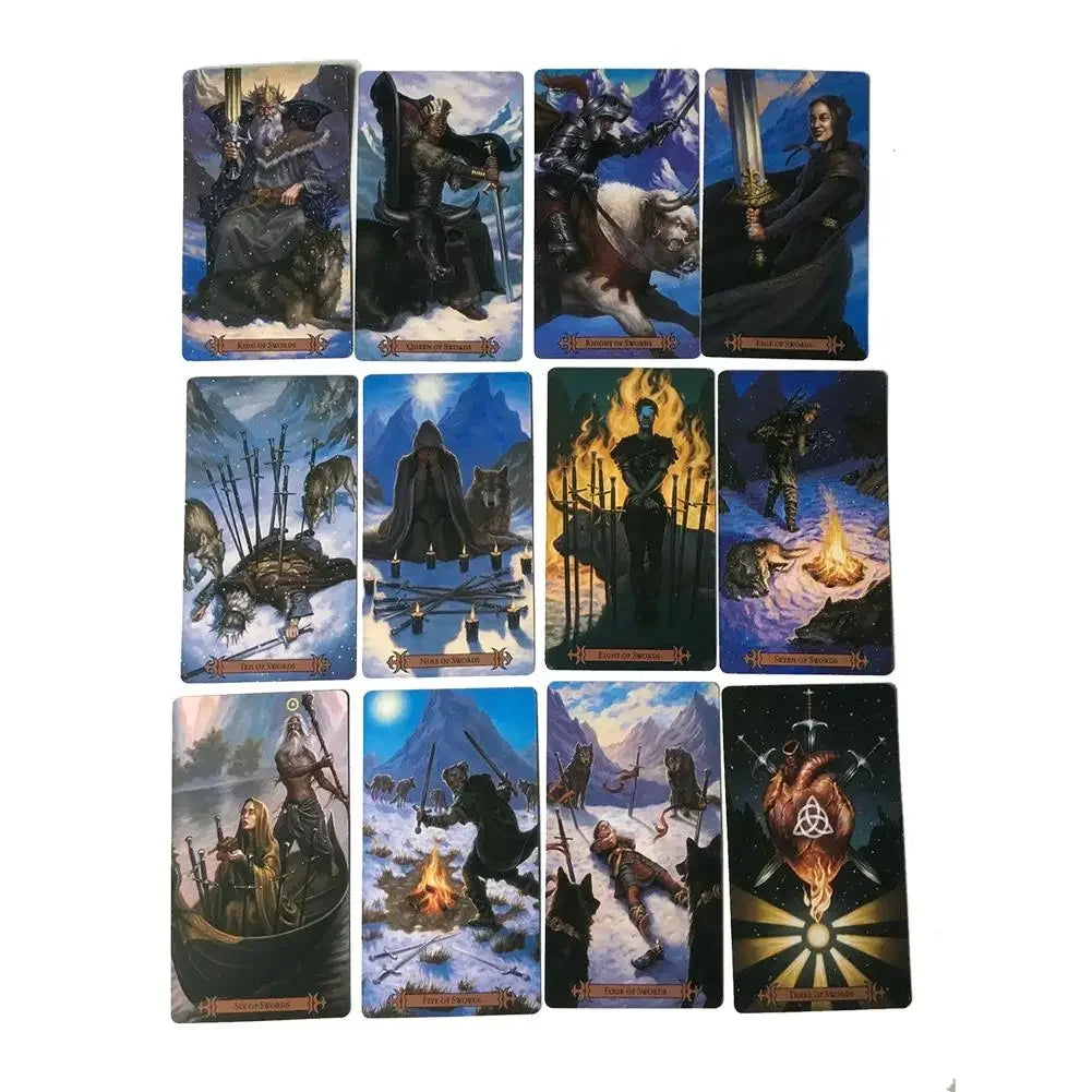 A collection of 12 tarot cards featuring dark fantasy and mystical figures, including warriors, demons, and mythical beasts.