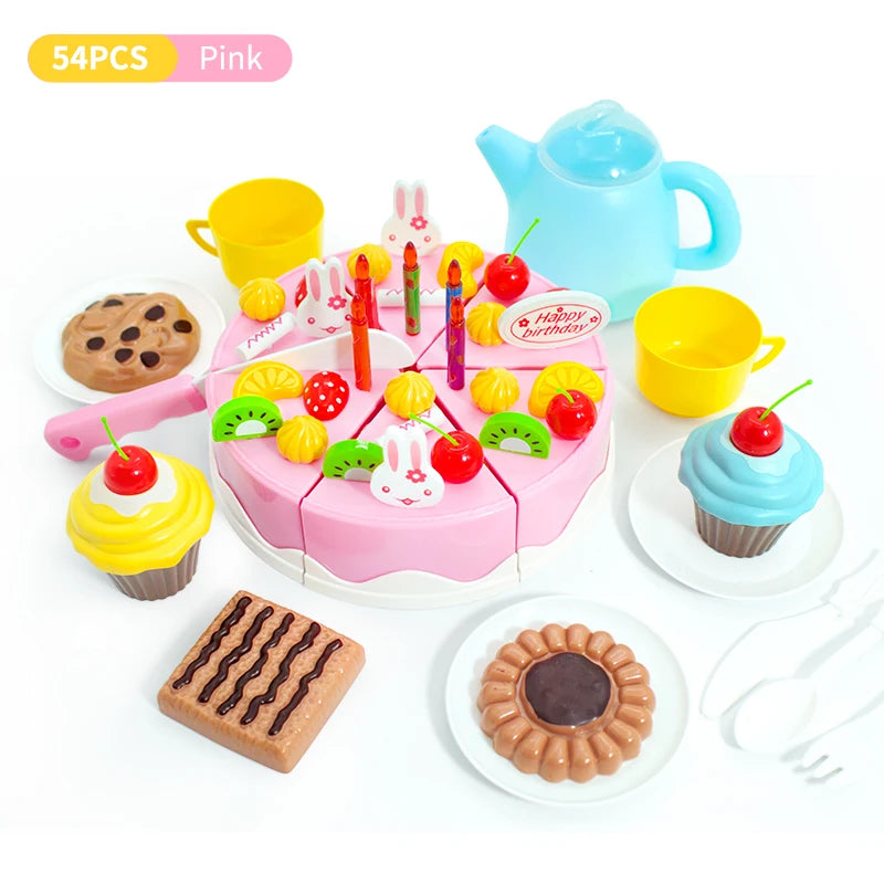 A pink DIY pretend play birthday cake tea set for kids featuring a cake, cupcakes, and a blue teapot.