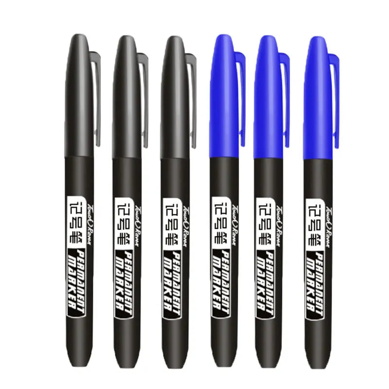 A set of six permanent fine-tip markers in black and blue packaging.