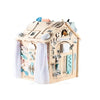 A wooden Montessori busy board featuring castle and bulldozer themes with various small tools and elements.