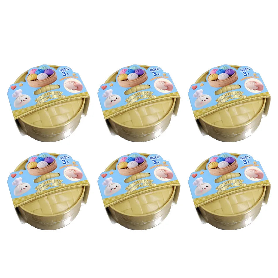 A set of three adorable dumpling squishy stress balls with steamer baskets, featuring various cute animal designs.