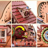 A collection of images showing different views and components of a 3D wooden cuckoo clock puzzle kit.