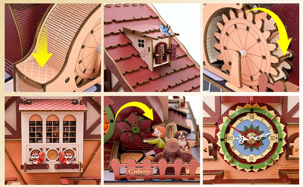 A collection of images showing different views and components of a 3D wooden cuckoo clock puzzle kit.