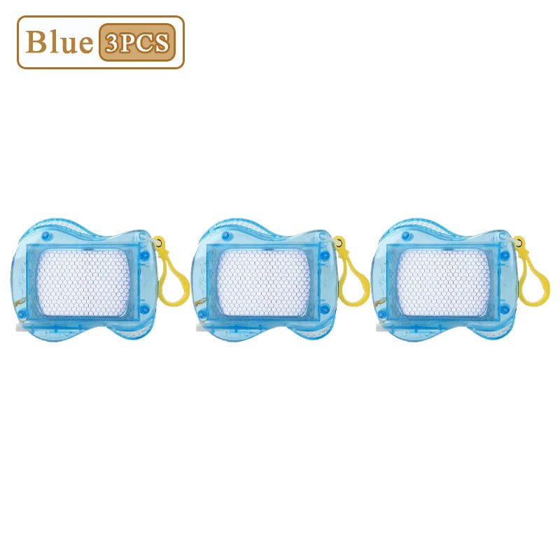 Three blue mini magnetic drawing boards with stylus attached to yellow strings