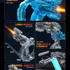 A collection of blue electric water guns featuring deformation linkage, long-range burst, one-click launch, strobe lights, an