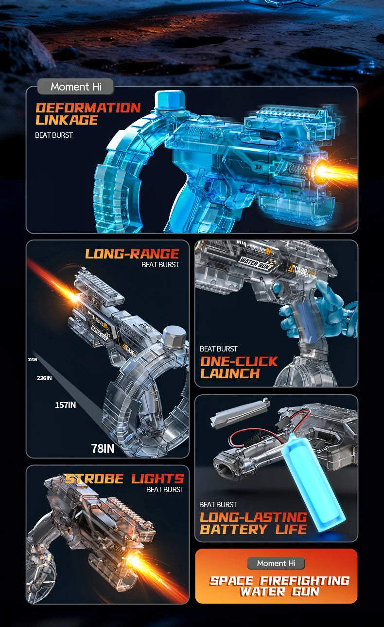 A collection of blue electric water guns featuring deformation linkage, long-range burst, one-click launch, strobe lights, an