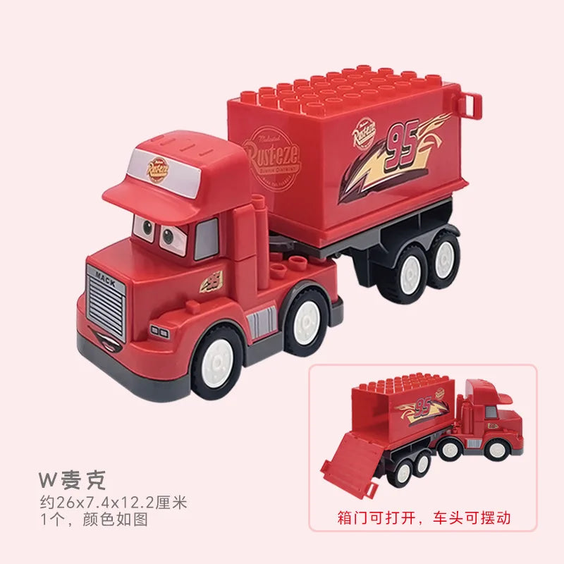 Red toy truck and trailer building block set with vehicles