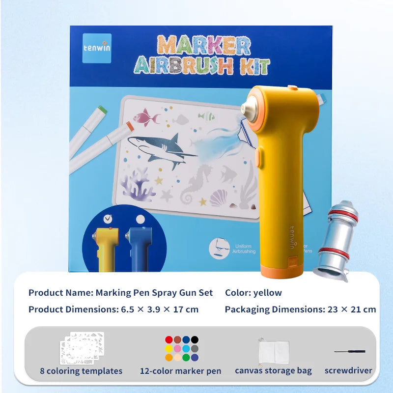 Yellow marker airbrush kit with a gun, 12 color pens, and stencils for art projects
