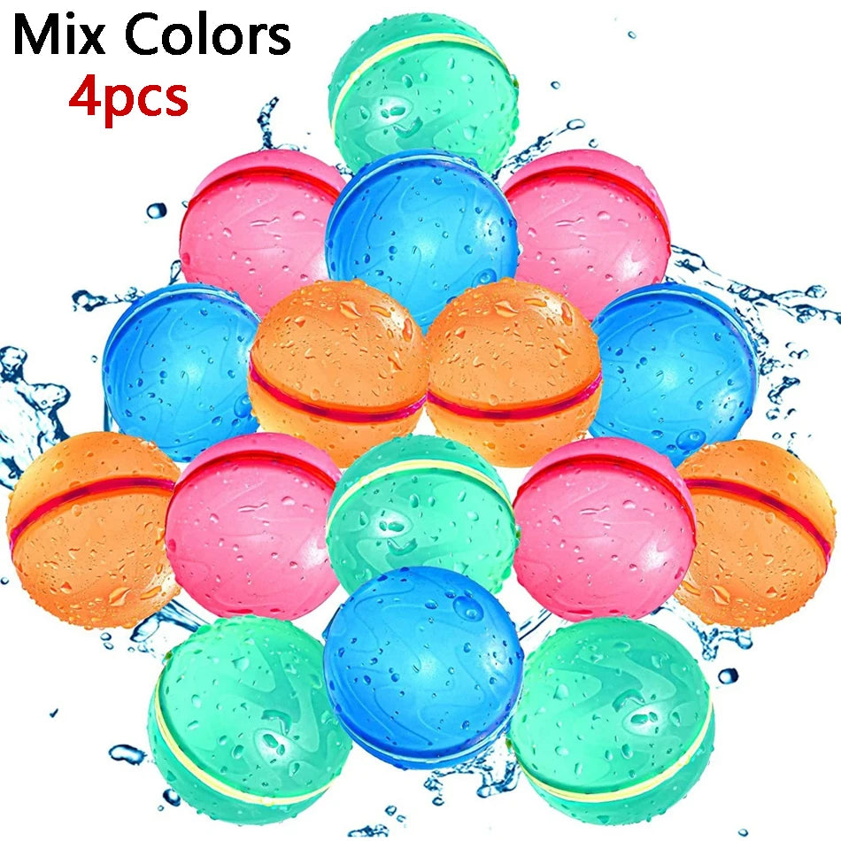 A collection of colorful reusable water balloons in pink, blue, and orange shades.