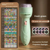 A light green projection flashlight with various patterns and a pink button, shown next to a grid of patterns.