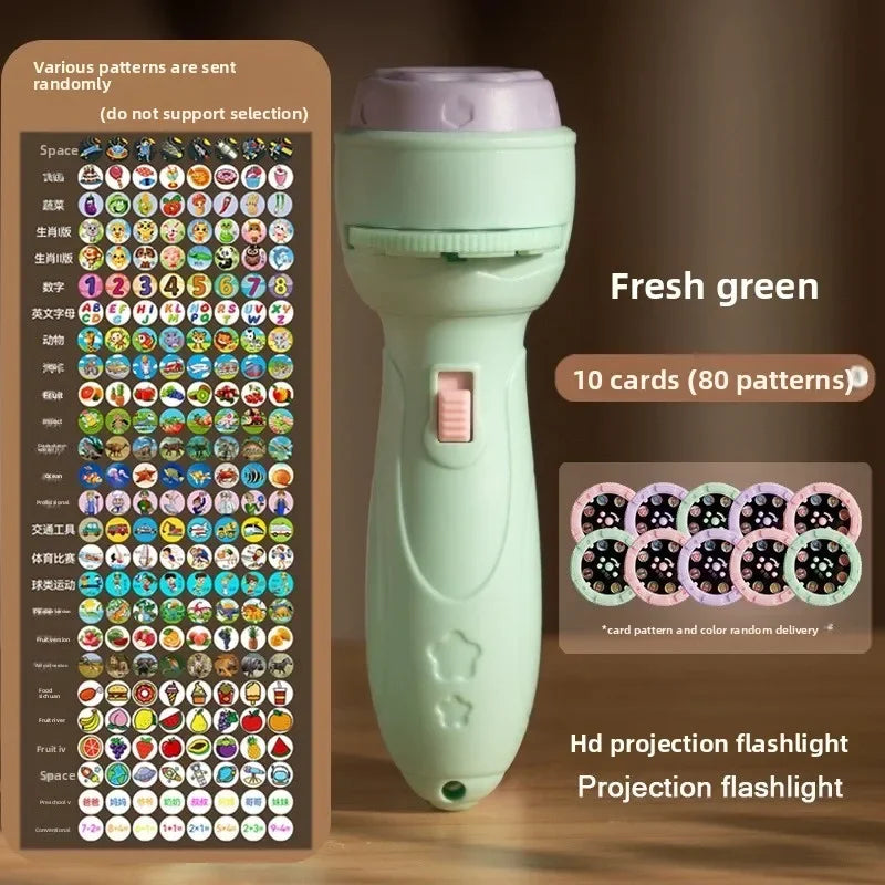 A light green projection flashlight with various patterns and a pink button, shown next to a grid of patterns.