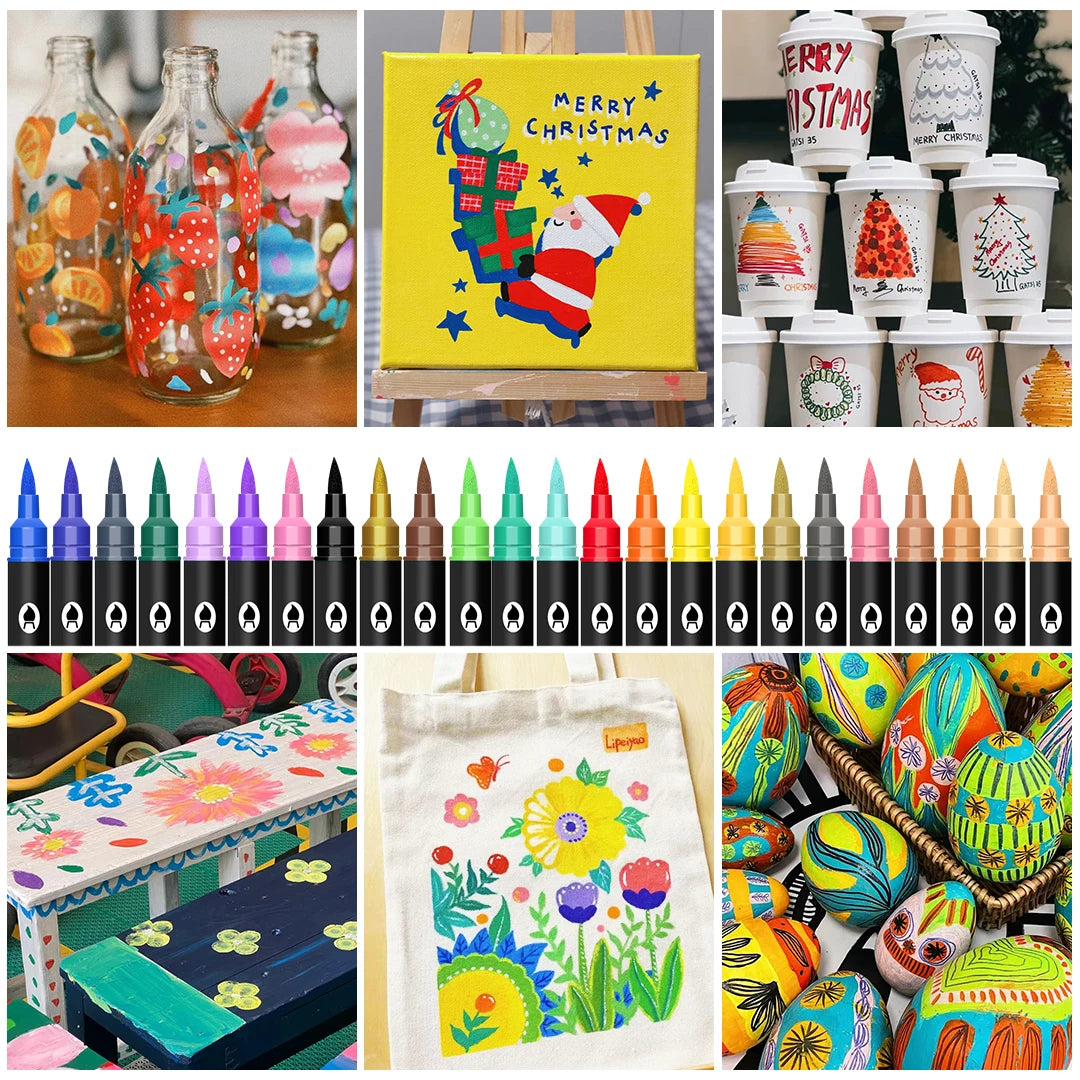 A collection of dual-tip acrylic paint markers in various colors and tips, displayed alongside Christmas-themed products.