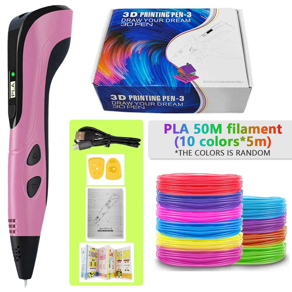 A pink 3D printing pen set featuring a box, filament spools in various colors, and accessories.