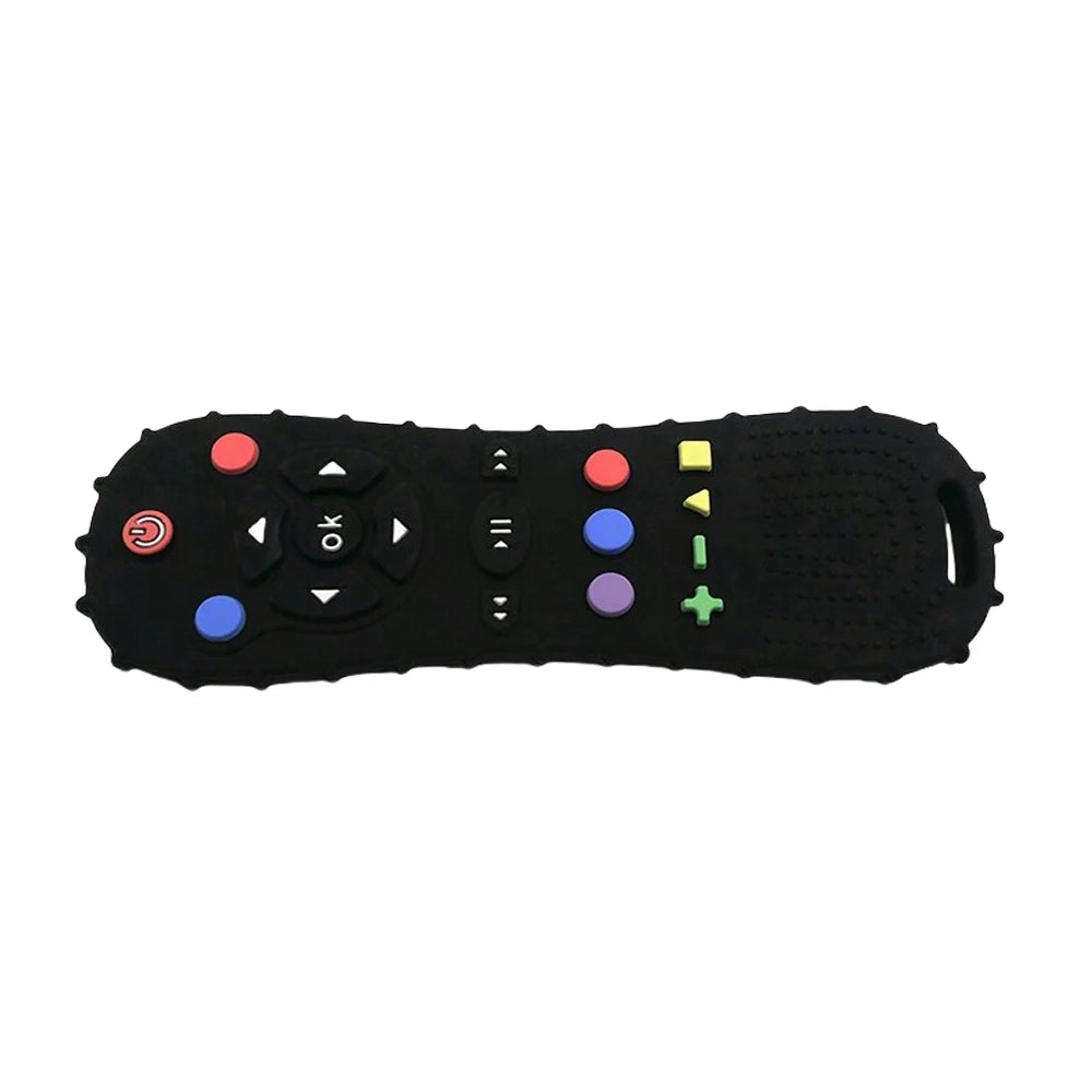 Black silicone remote control shaped baby teether with various colored buttons and a central OK button