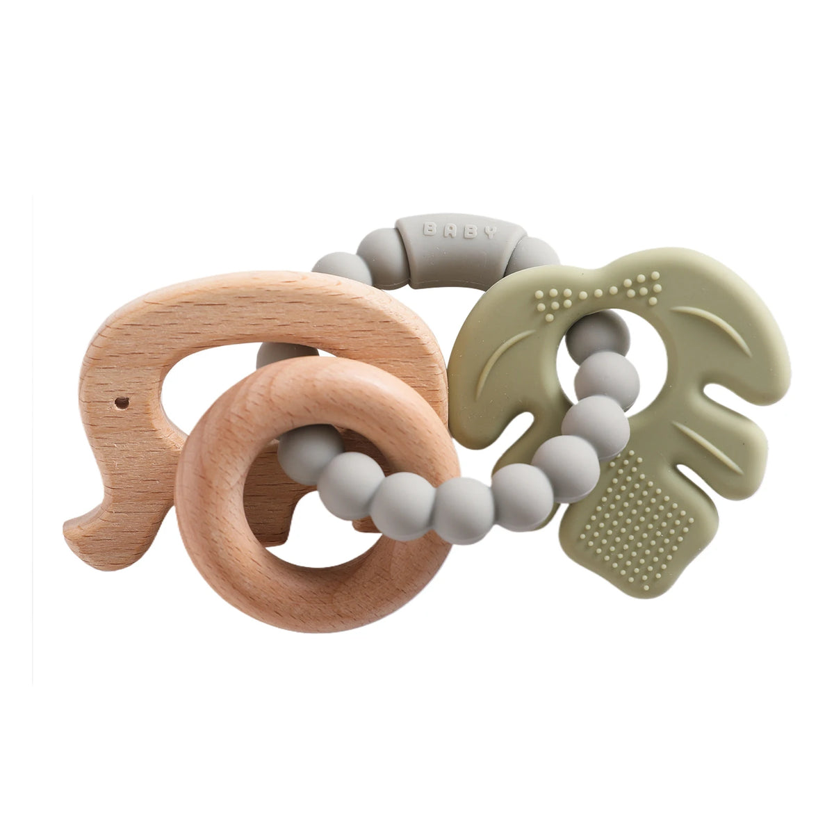 Food-grade silicone planet teether for babies in wood and green colors