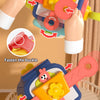 Hands are shown toggling the rabbit, rubber rope buckle on a colorful Montessori busy cube toy.